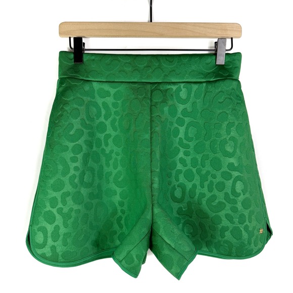 Emily McCarthy Evergreen Cheeta Scuba Shorts Set Green Mock Neck Womens Sz XS - Picture 11 of 13